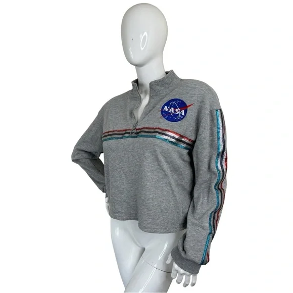 NASA metallic stripes embroidery logo cropped grey pull over light sweater XL - Picture 4 of 14